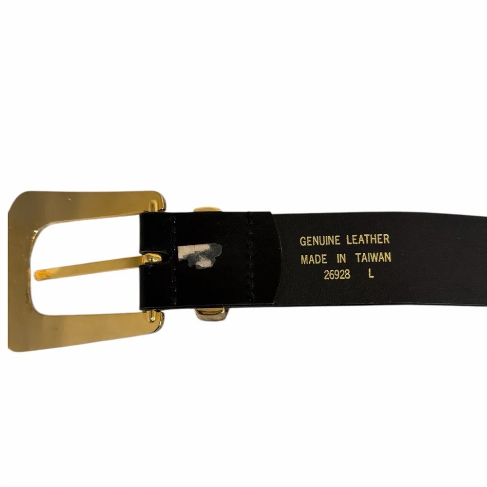 Vintage Taiwan Genuine Leather Rhinestone Belt Gold Buckle Retro Statement